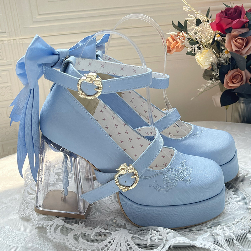 Floating Koi Land - Satin Classic Lolita Platform Shoes with Transparent Heel - image 40