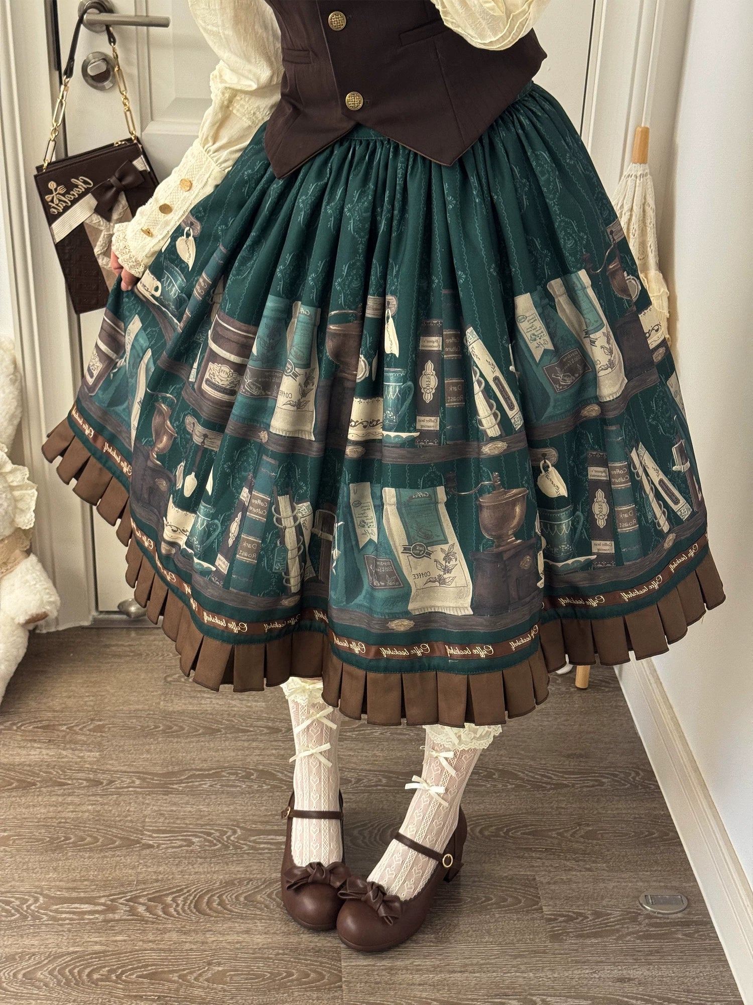 Coffee Bookshelf - Classic Lolita JSK and SK Set, Coffee Cup and Book Print - image 14
