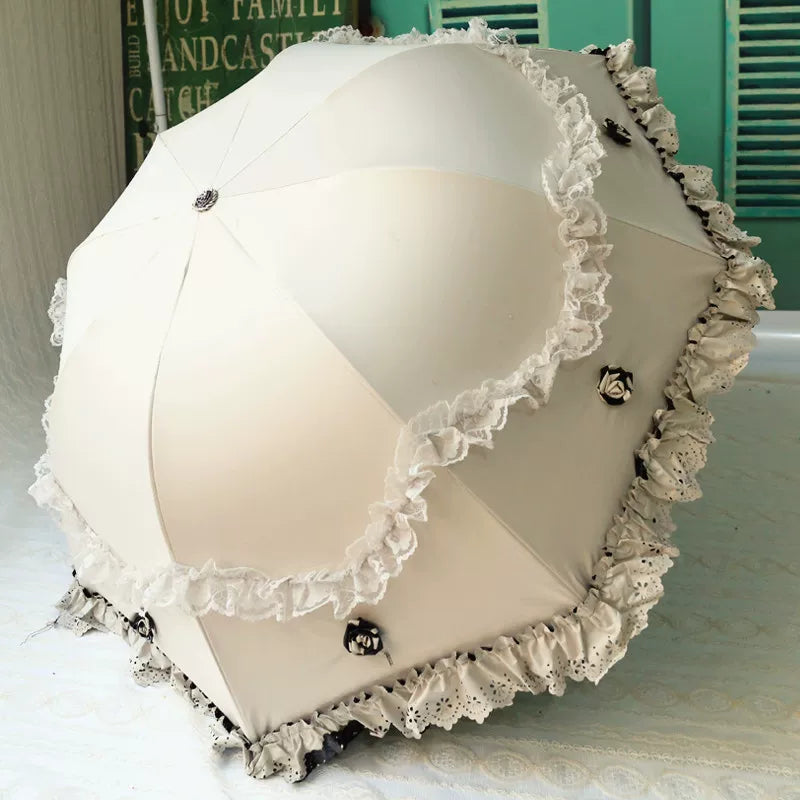 Foldable Lolita Parasol, Floral and Embroidery Detail - image 3