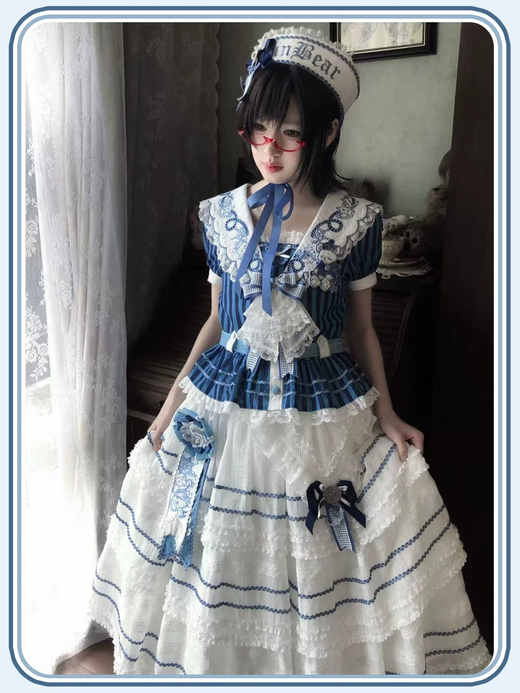 Antique Naval Bear - Striped Classic Lolita Sailor Collar OP, Bear Embroidery - image 17