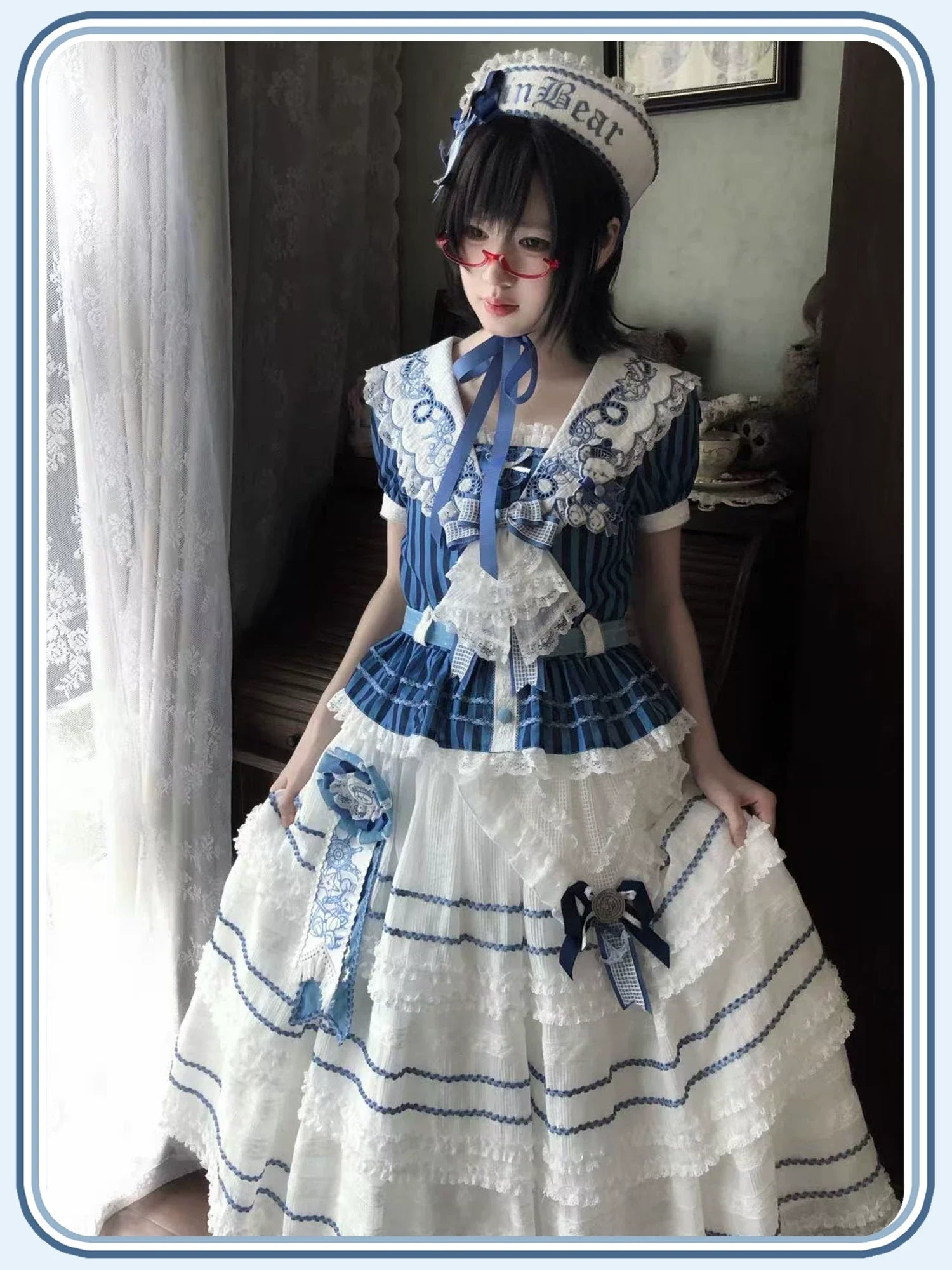 Antique Naval Bear - Striped Classic Lolita Sailor Collar OP, Bear Embroidery - image 17