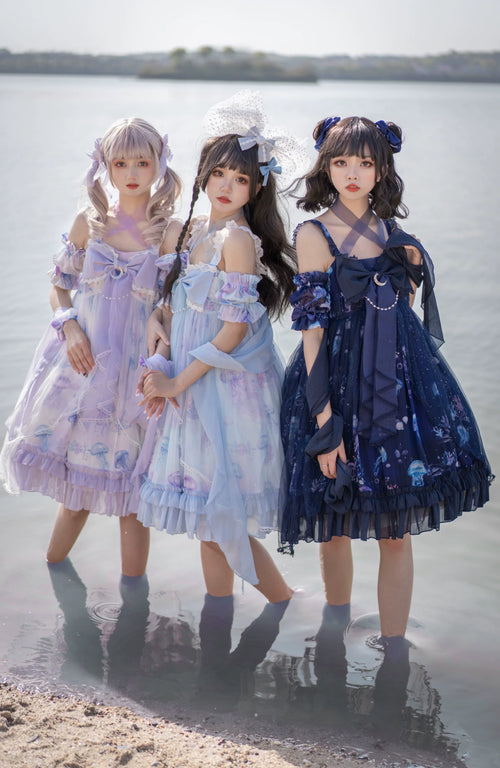 Coral Jellyfish - Sweet Lolita High-waist JSK Dress, Jellyfish & Coral Print and Accessories - image 1