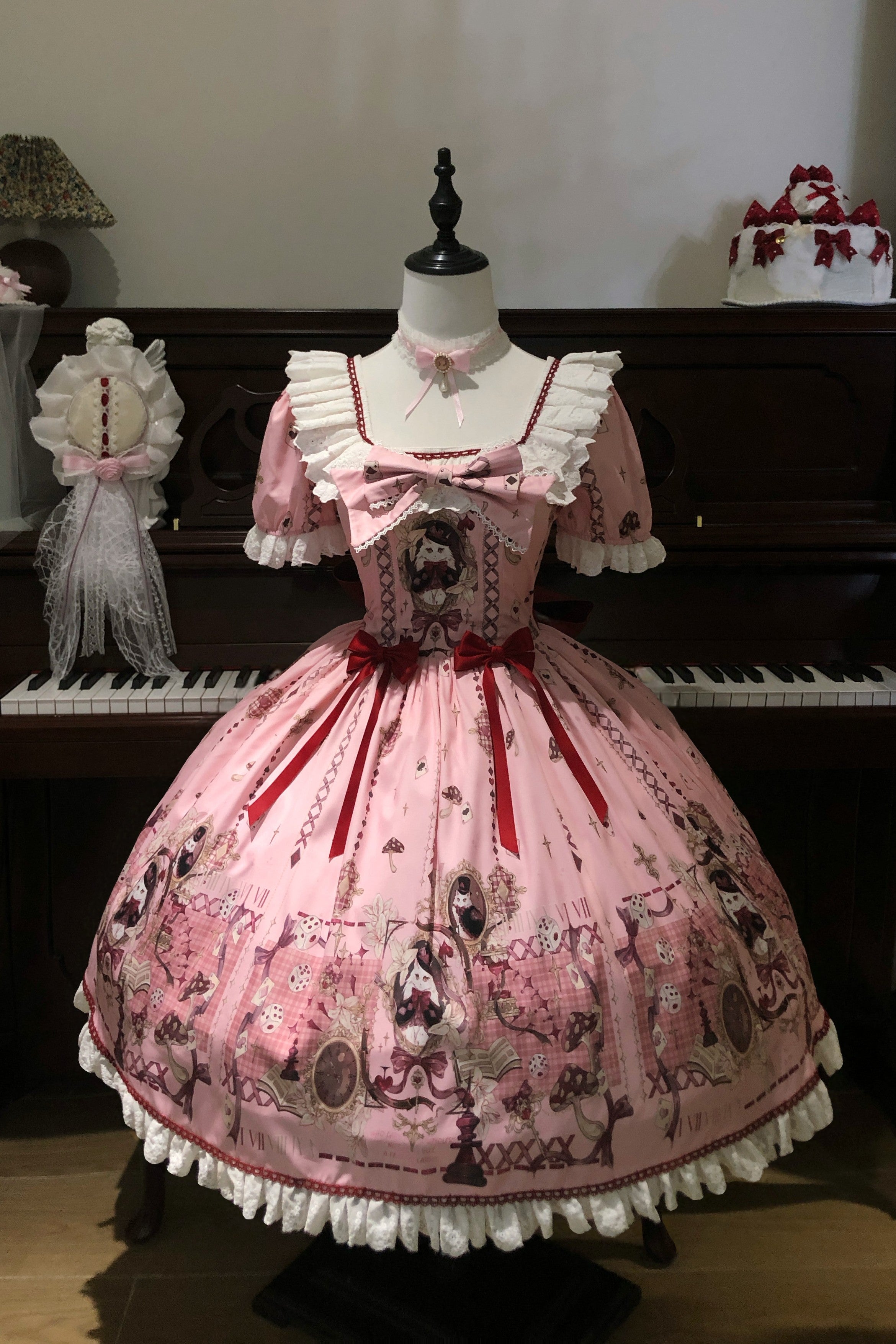 Illusion Meow Duke Pink Cat Print Sweet Lolita OP and JSK Dress and Accessories - image 1