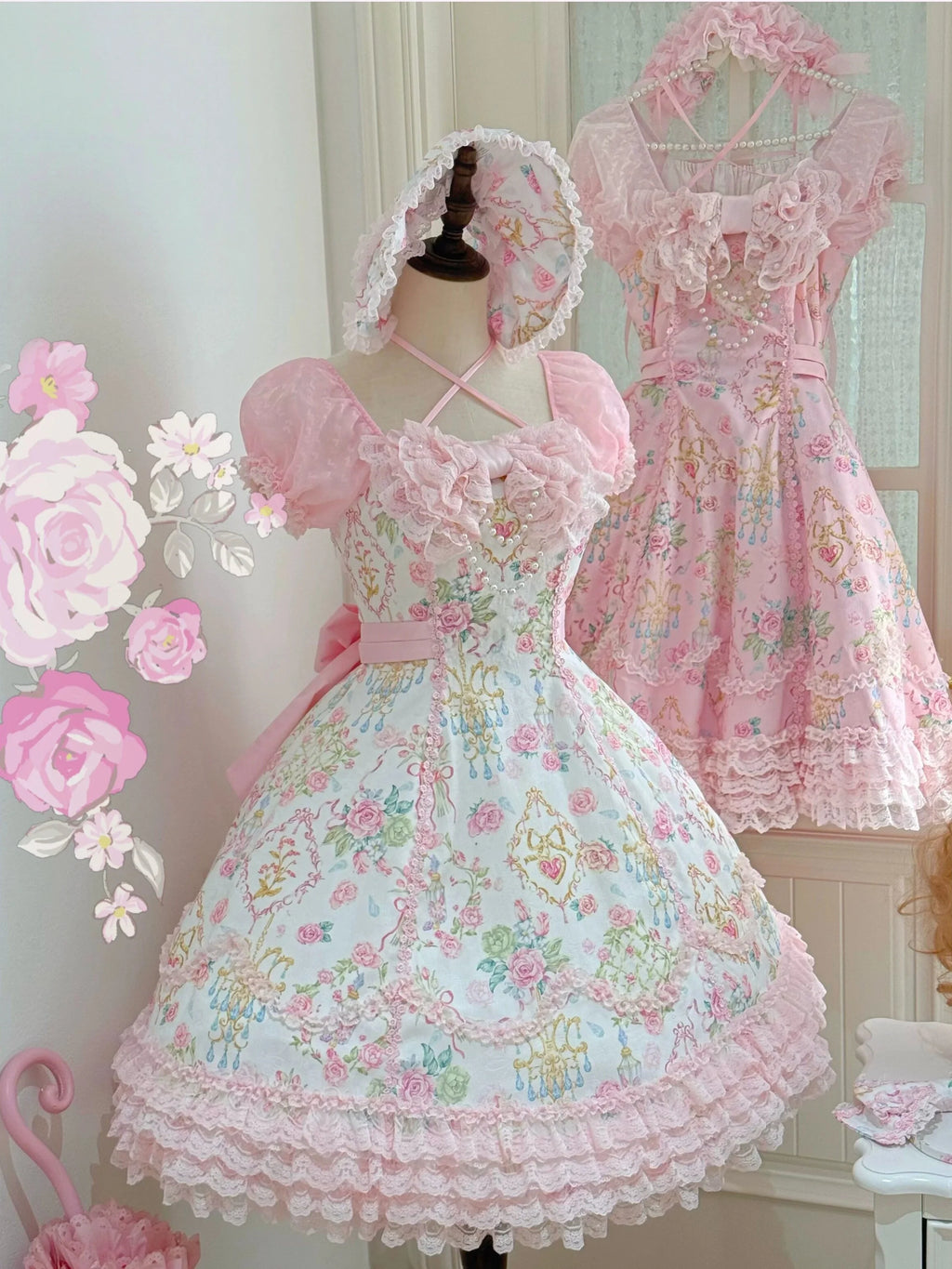 Spring 2025 Vintage Flower Wall Chandelier Rose Print Sweet Lolita JSK Dress and Accessories - image 17