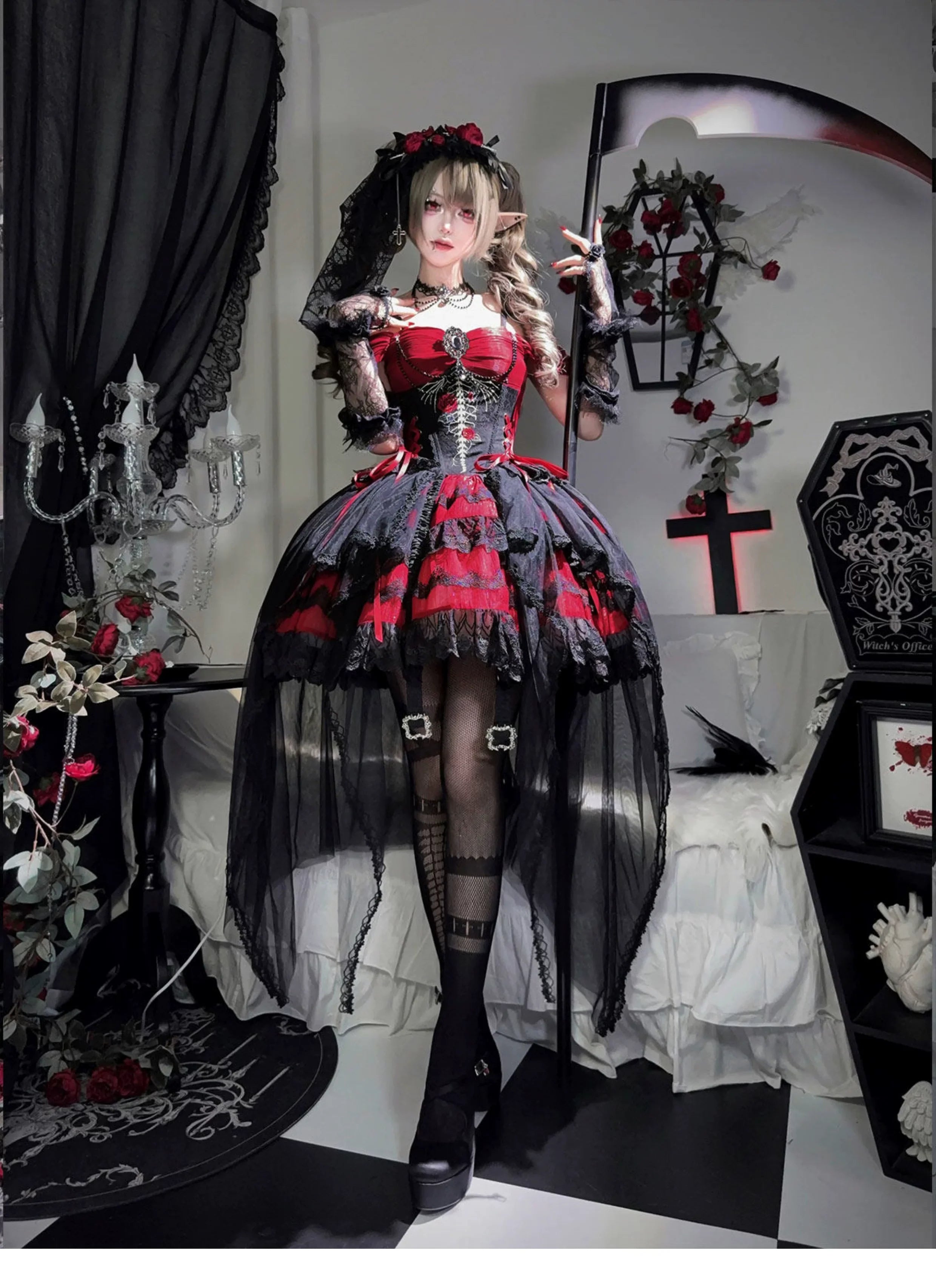 Eternal Thorn of the Dragonbone - Embroidered Gothic Lolita JSK Dress, Off-Shoulder and Accessories - image 3