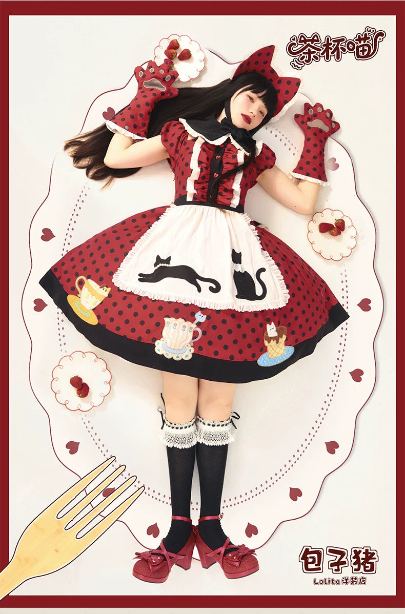 Teacup Meow - Old School Lolita Polka Dot OP Dress, Cat and Teacup Patch - image 13