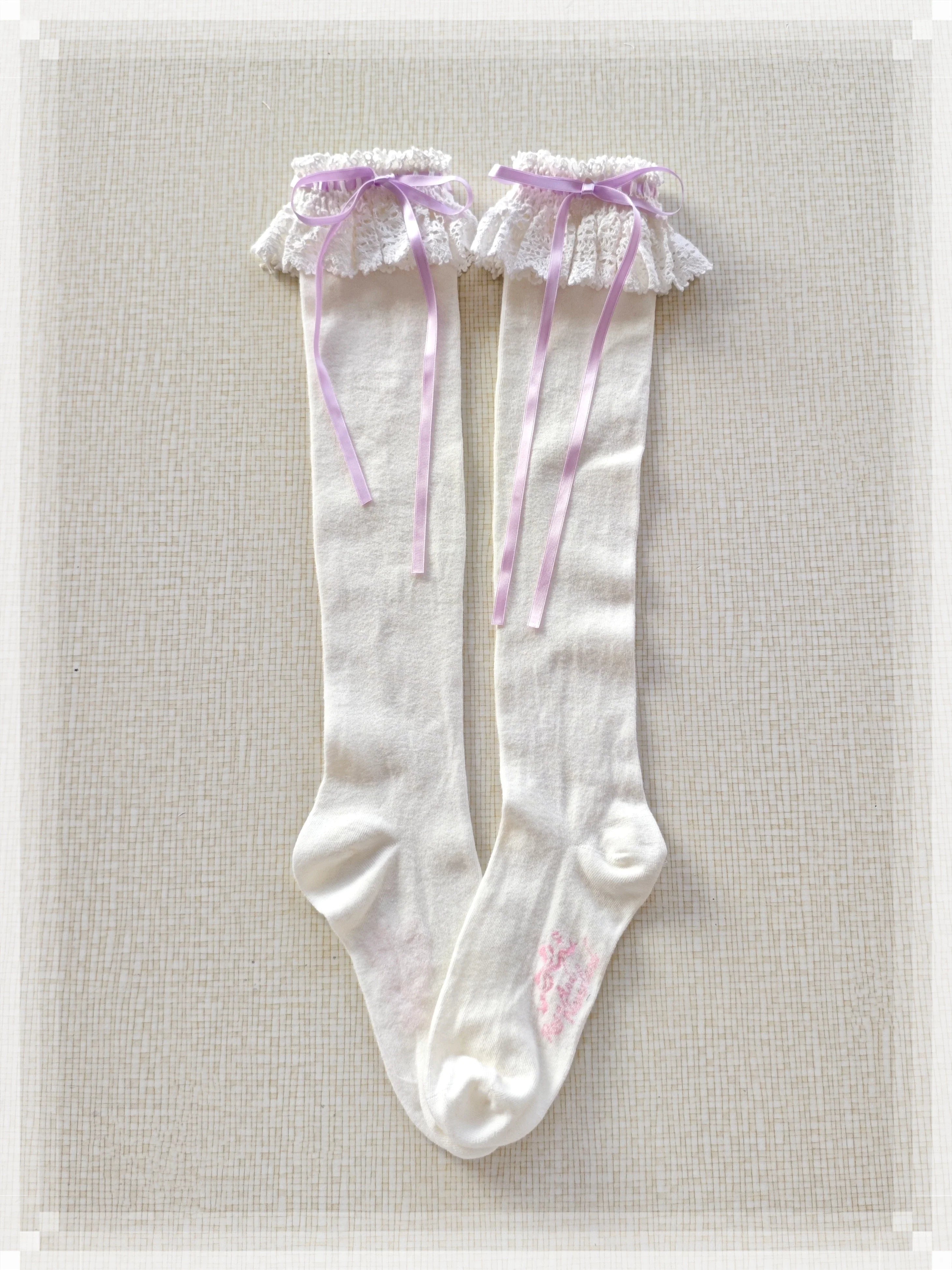 Cotton Old School Lolita White Socks with Colorful Ribbon Bows - image 17