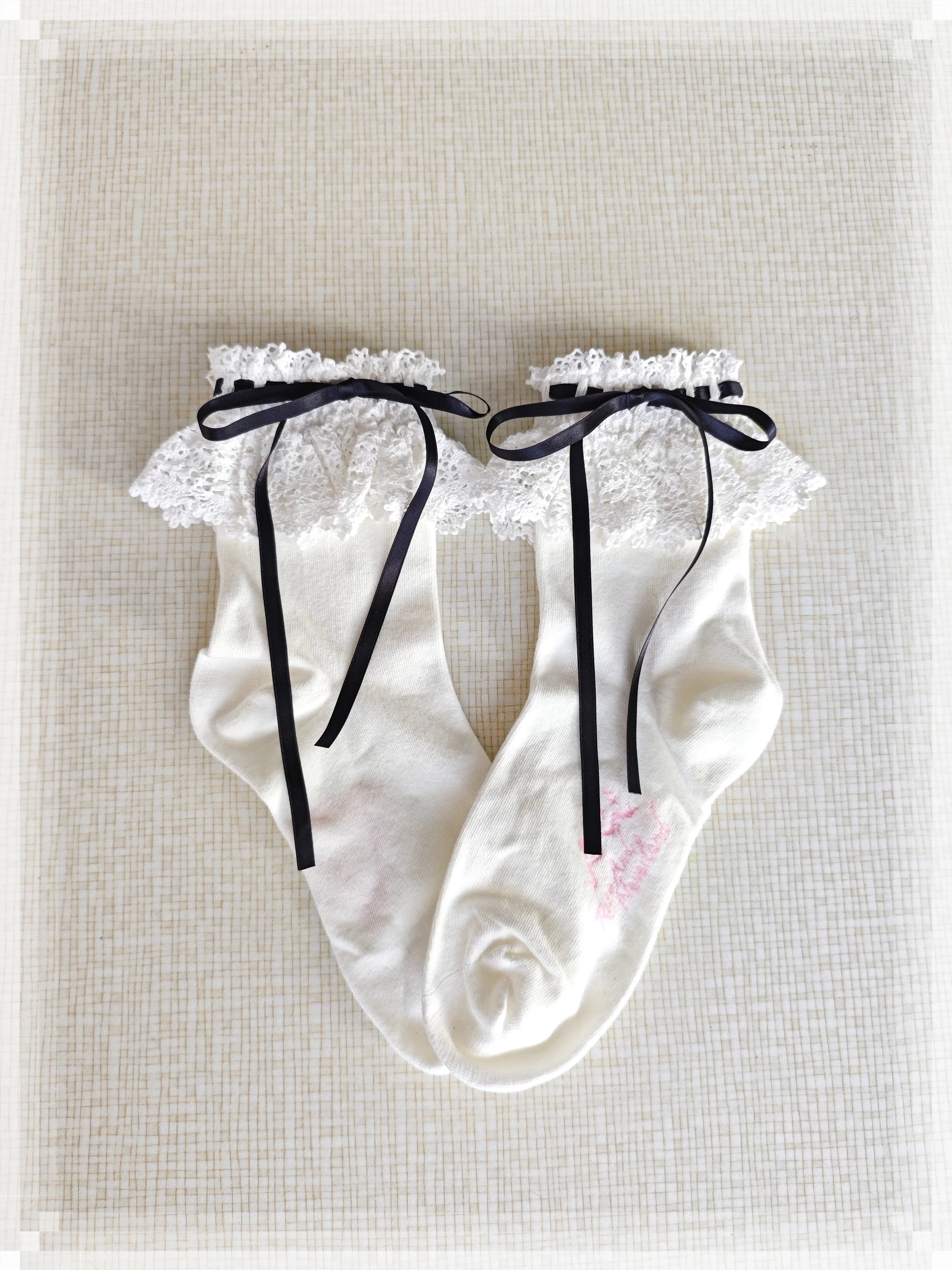 Cotton Old School Lolita White Socks with Colorful Ribbon Bows - image 24