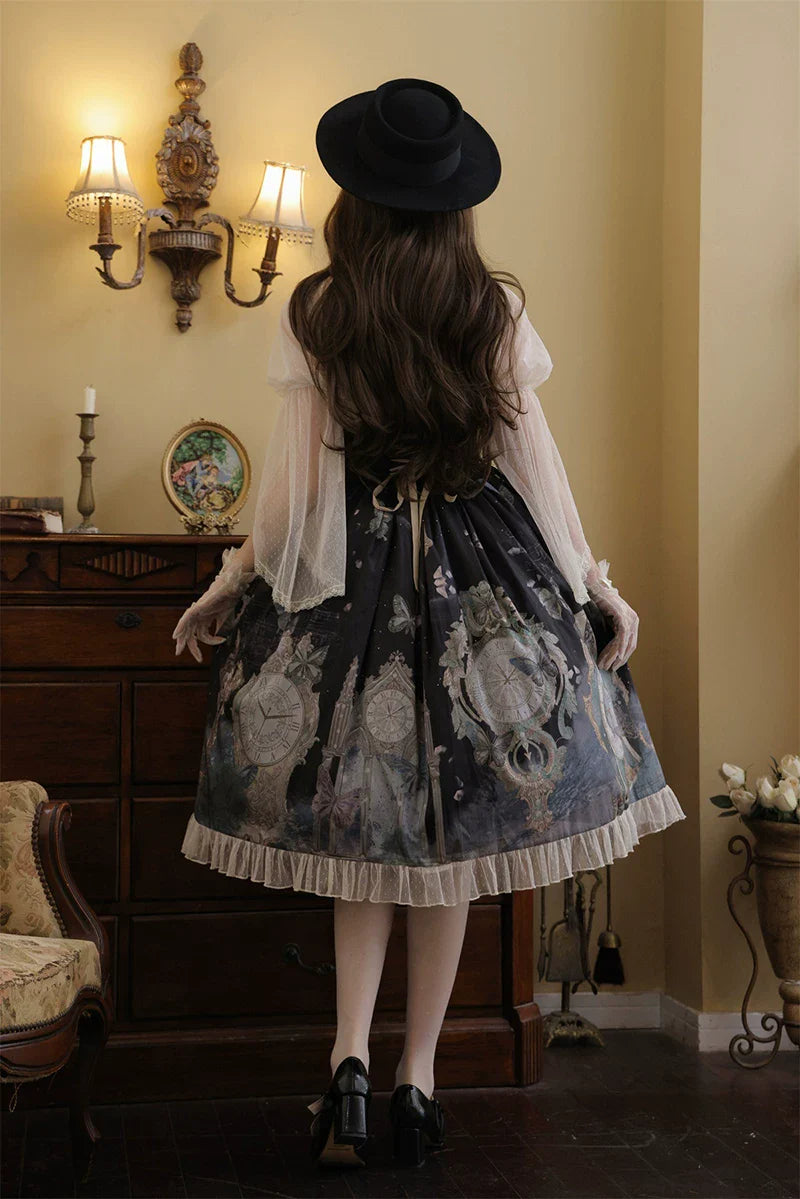 Clock Butterfly - Gothic Lolita Printed Blouse and Corset Skirt Set - image 10