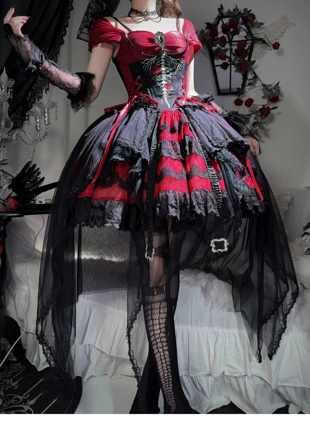 Eternal Thorn of the Dragonbone - Embroidered Gothic Lolita JSK Dress, Off-Shoulder and Accessories - image 11