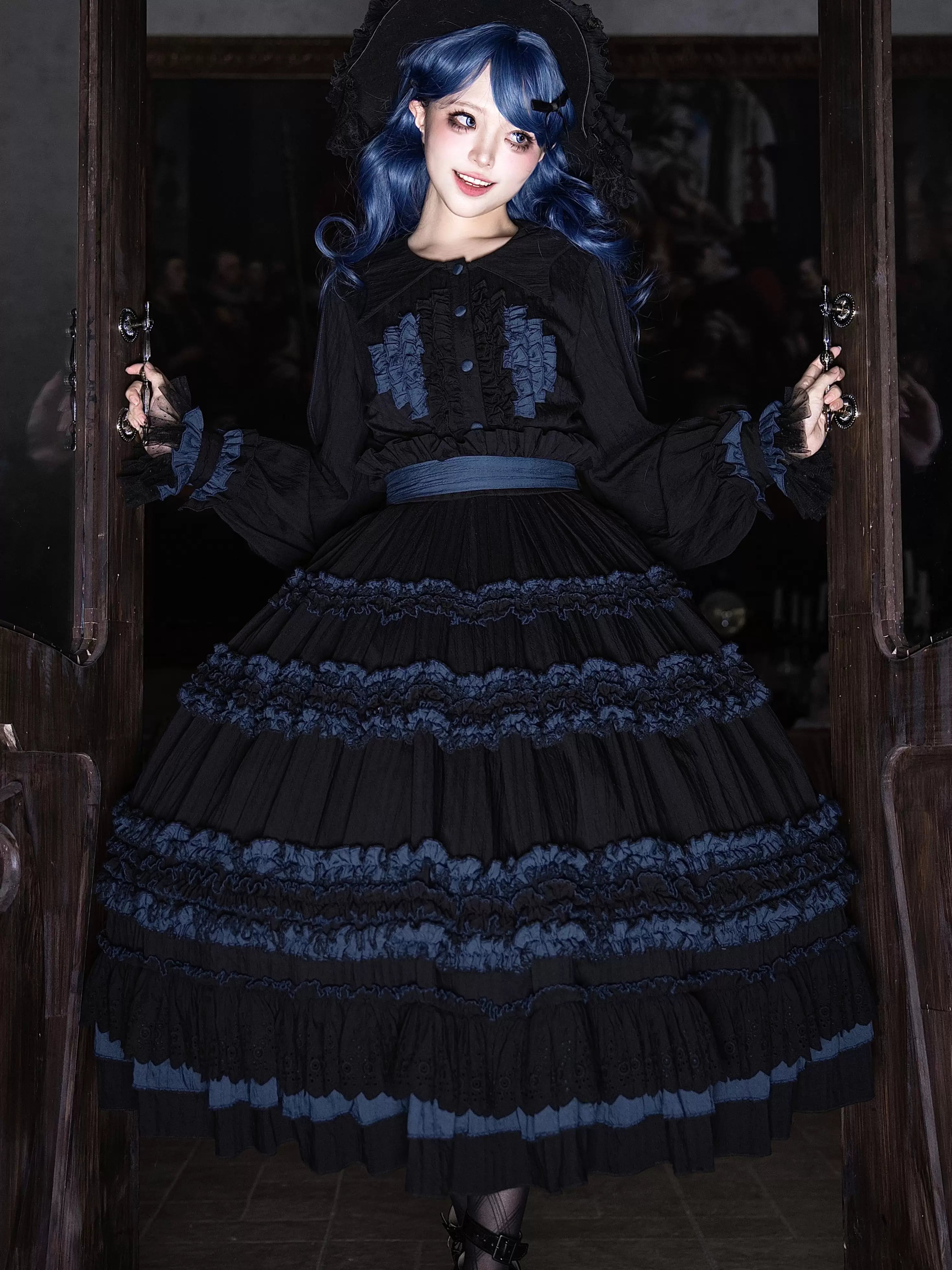 Wings and Bouquet - Dark Classic Lolita Blouse and SK Set, Layered Blue Ruffles - image 6