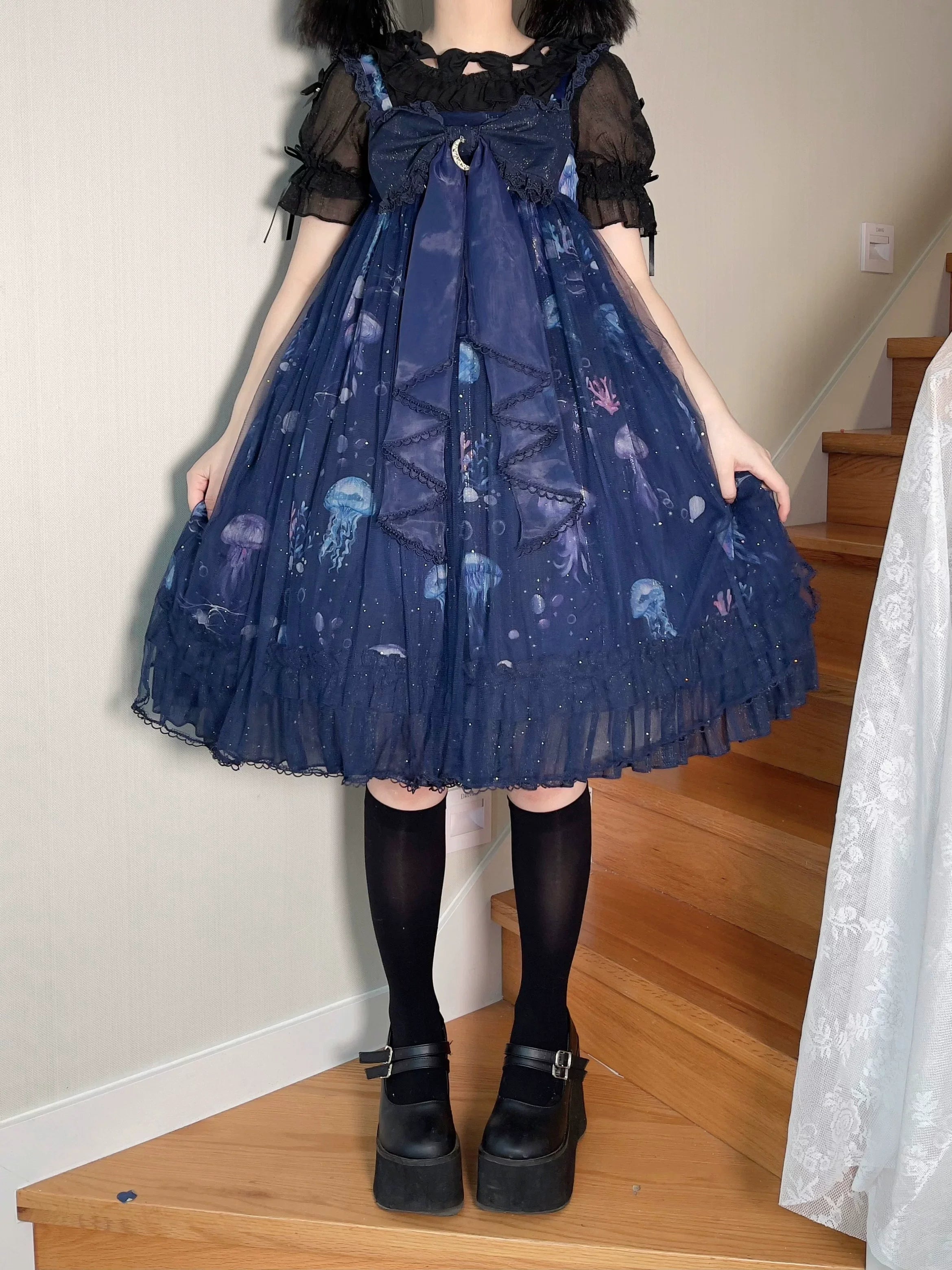 Coral Jellyfish - Sweet Lolita High-waist JSK Dress, Jellyfish & Coral Print and Accessories - image 62
