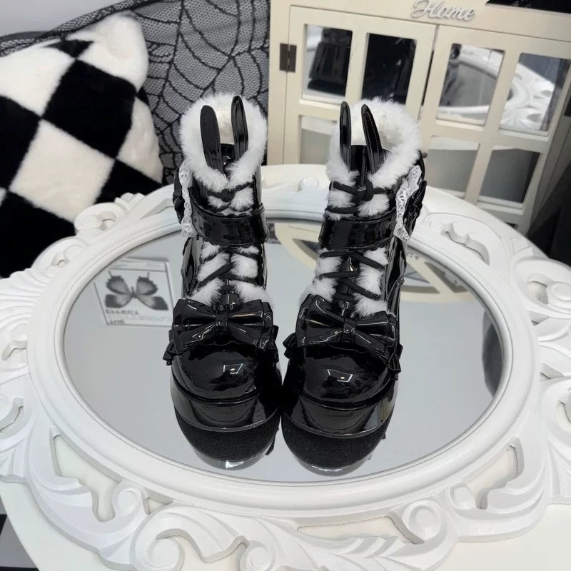 Bunny Tail - Fuzzy Kawaii Lolita Snow Boots, Detachable Plush Bow - image 12