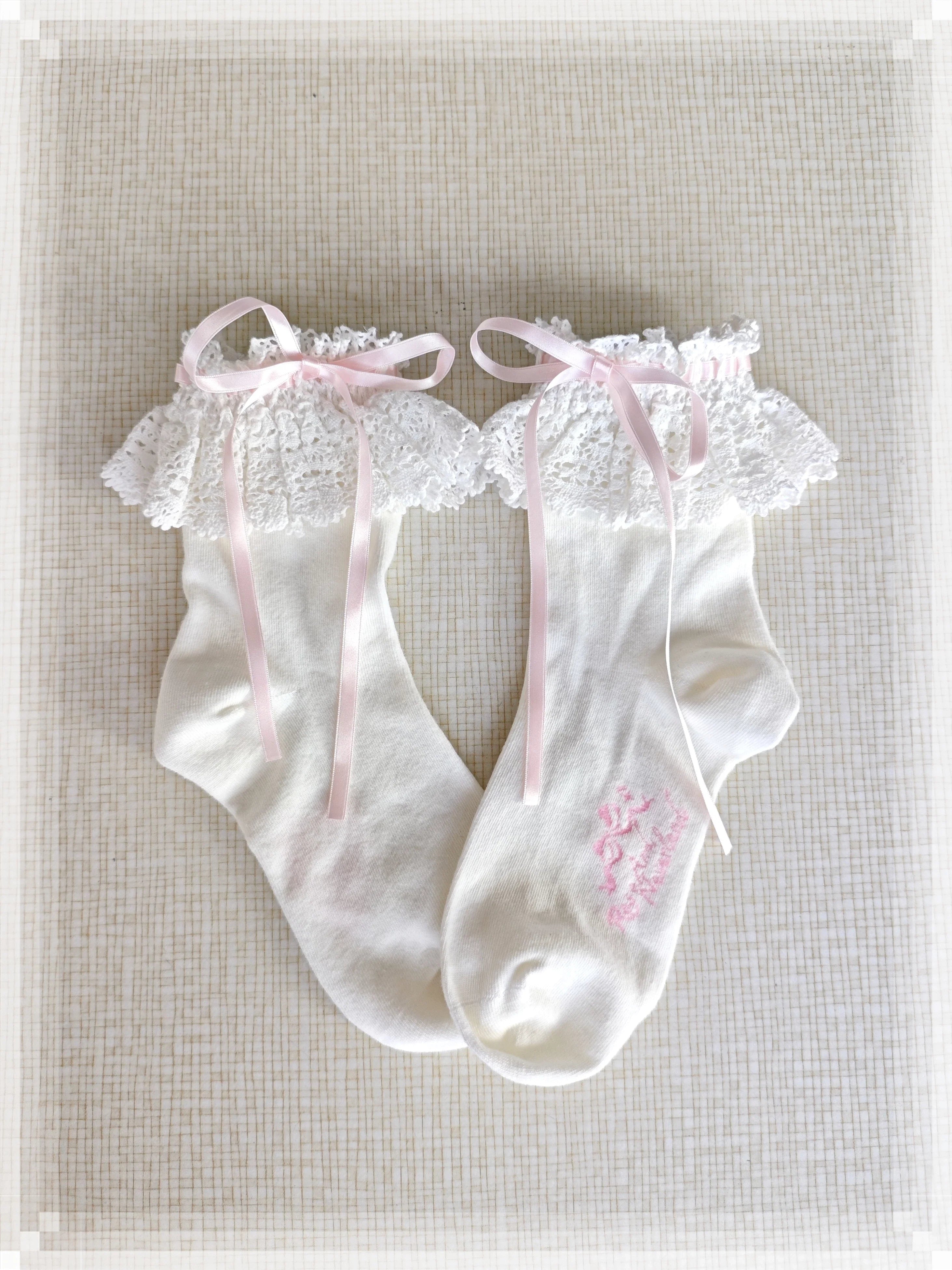 Cotton Old School Lolita White Socks with Colorful Ribbon Bows - image 27