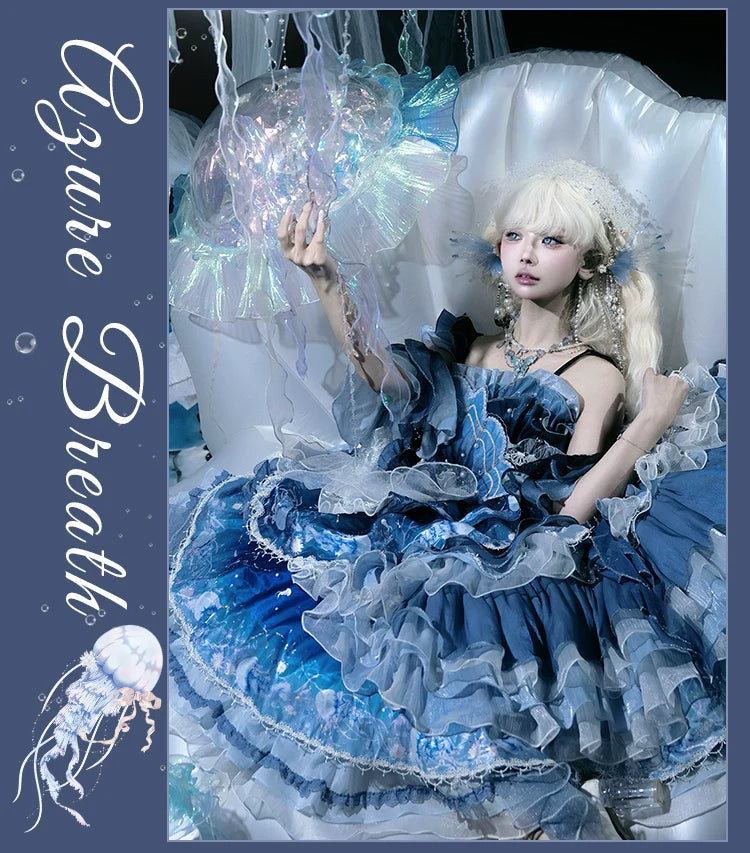 Blue Breath Jellyfish - Classic Lolita JSK Dress, Side Zipper - image 16