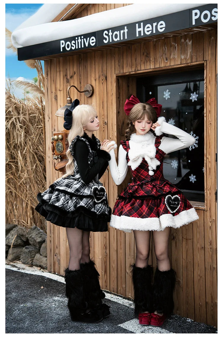 Snow Night Serenade - Fluffy Plaid Kawaii Lolita JSK, Reversible Cape and Accessories - image 19