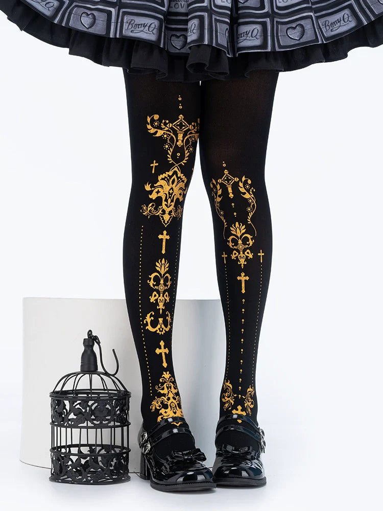 Elegant Lolita Gold Foil Printed Tights - image 1