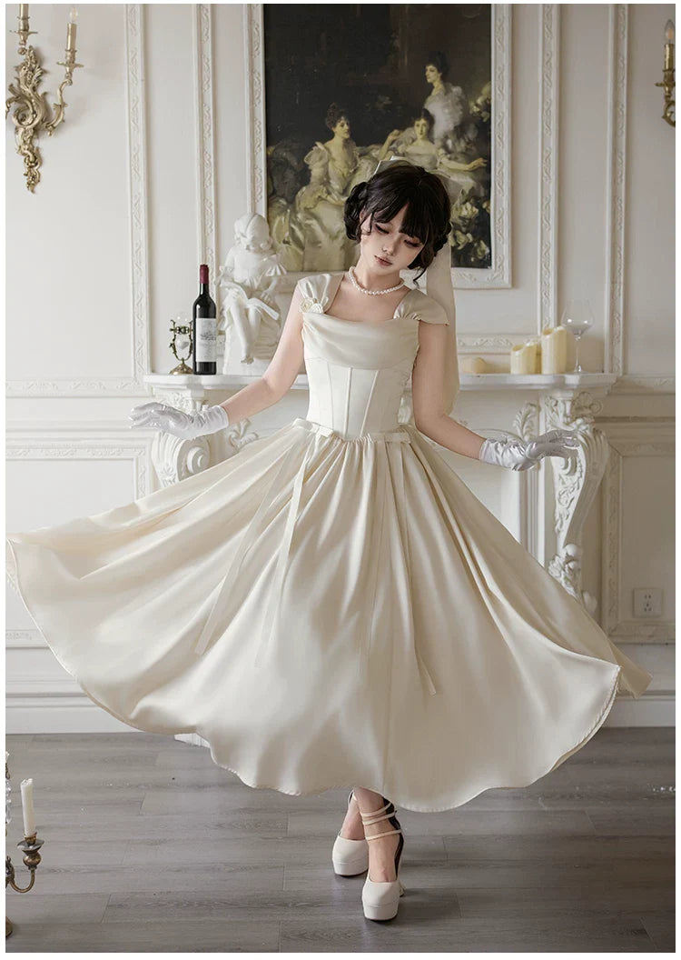 For Beloved - Classic Lolita Satin JSK Dress Set, Fishbone Waist - image 6