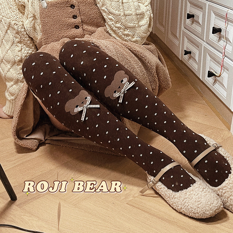 Bear Dots Bow Cotton Lolita Thigh-High Stockings - image 1