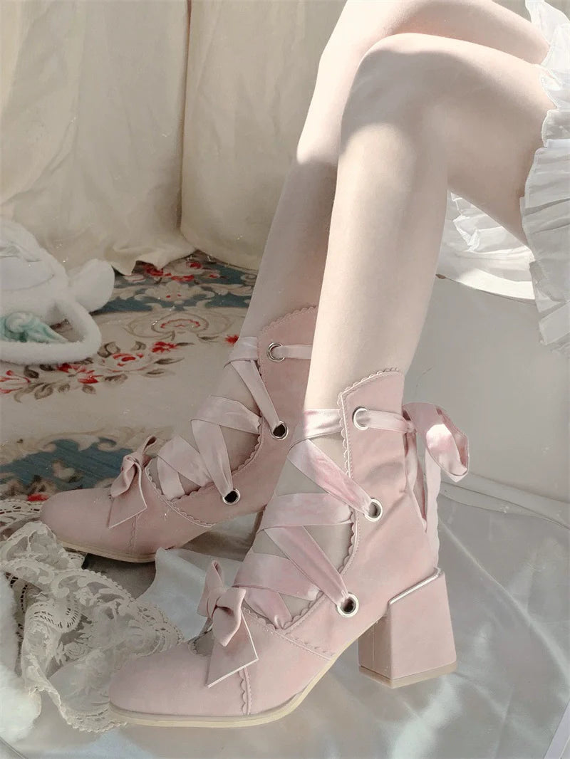 Muse Kiss - Elegant Lolita Shoes Lace-up Bow Heels Round Toe - image 26