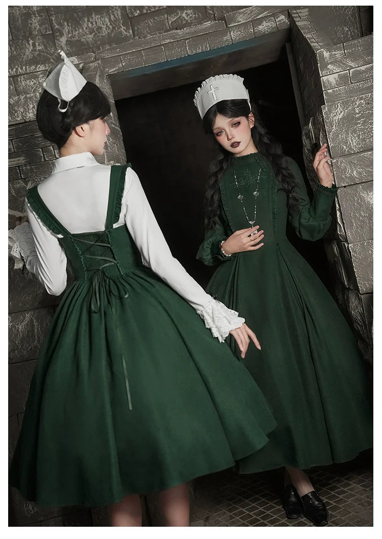 Abyss Clinic - Gothic Lolita Green Dress Set, Embroidery Accent - image 4