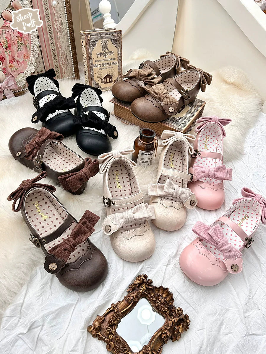 Bear Room - Sweet Lolita Shoes Double Bow Round Toe Flat Shoes - image 1