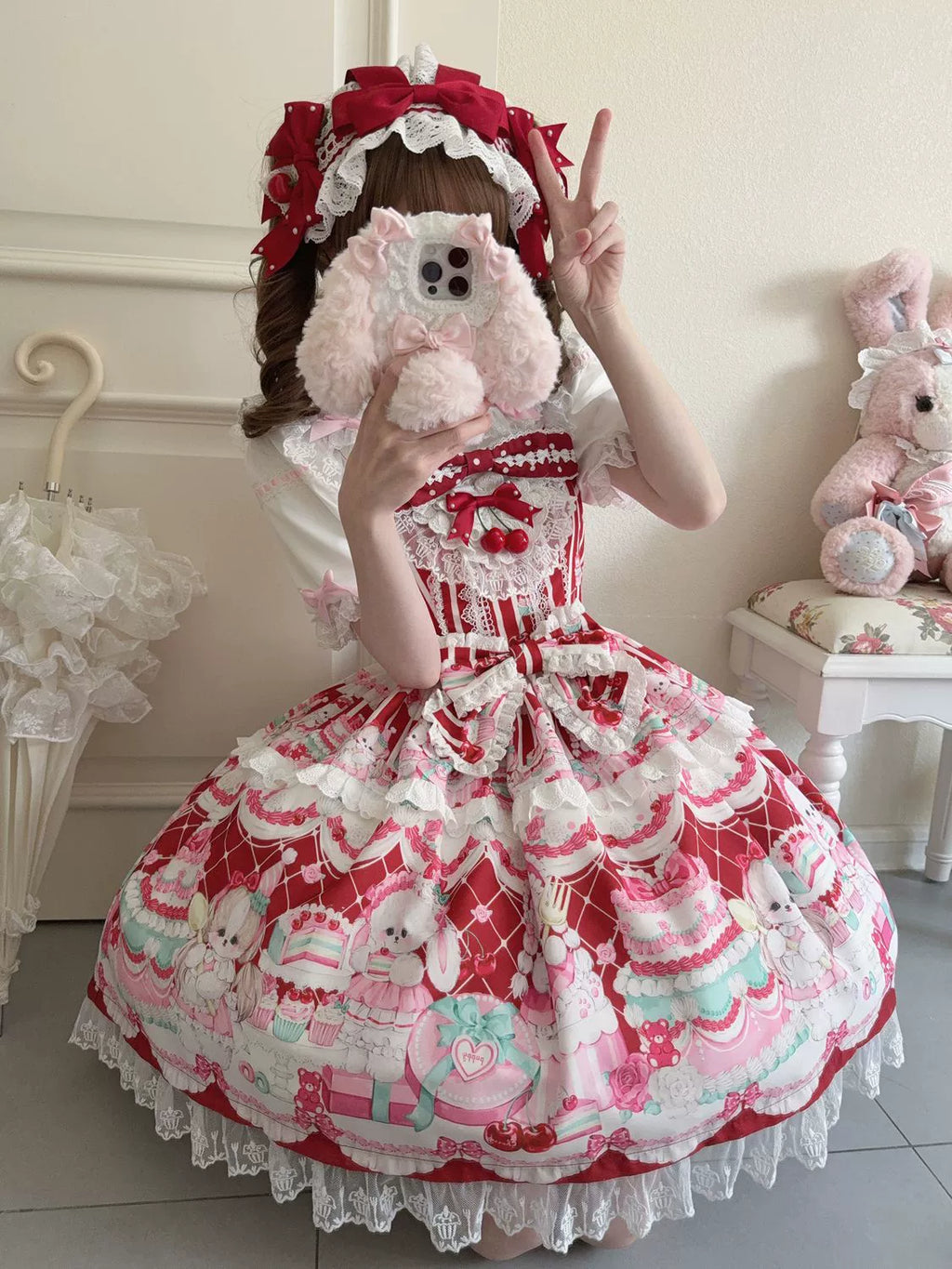 Cherry Bake Song - Kawaii Lolita JSK Dress With Dessert Print & Cherry Bow - image 9