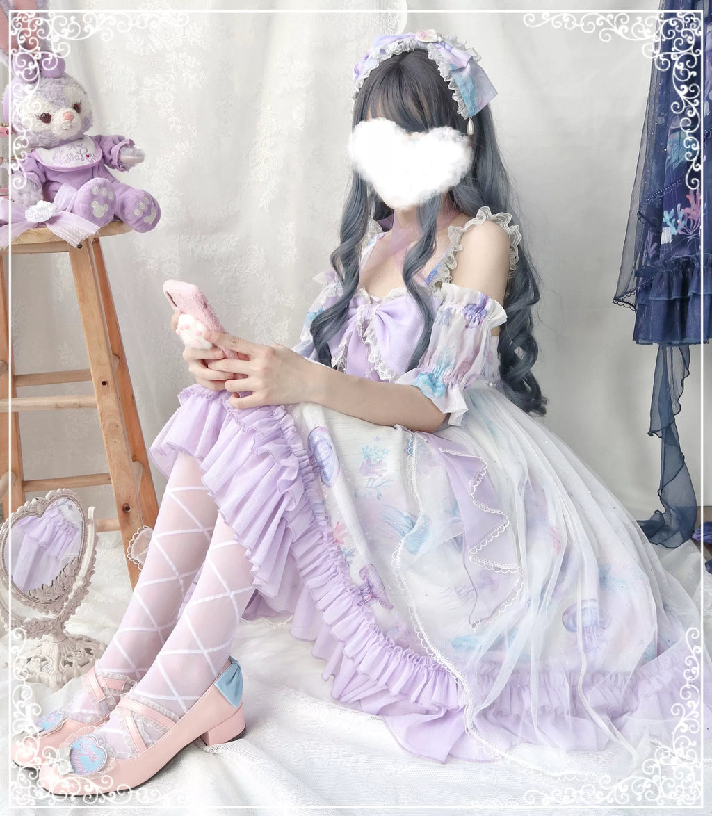Coral Jellyfish - Sweet Lolita High-waist JSK Dress, Jellyfish & Coral Print and Accessories - image 31