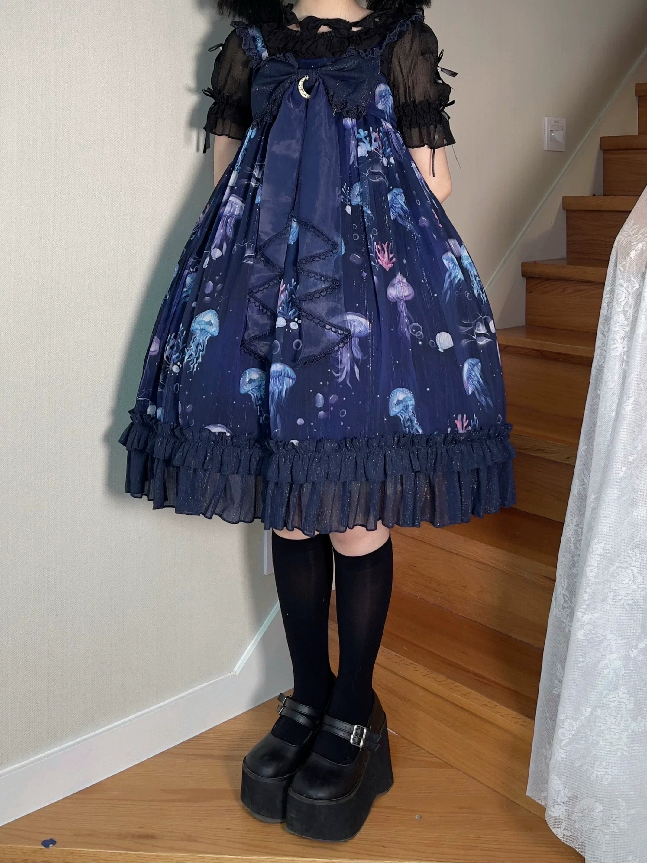 Coral Jellyfish - Sweet Lolita High-waist JSK Dress, Jellyfish & Coral Print and Accessories - image 61