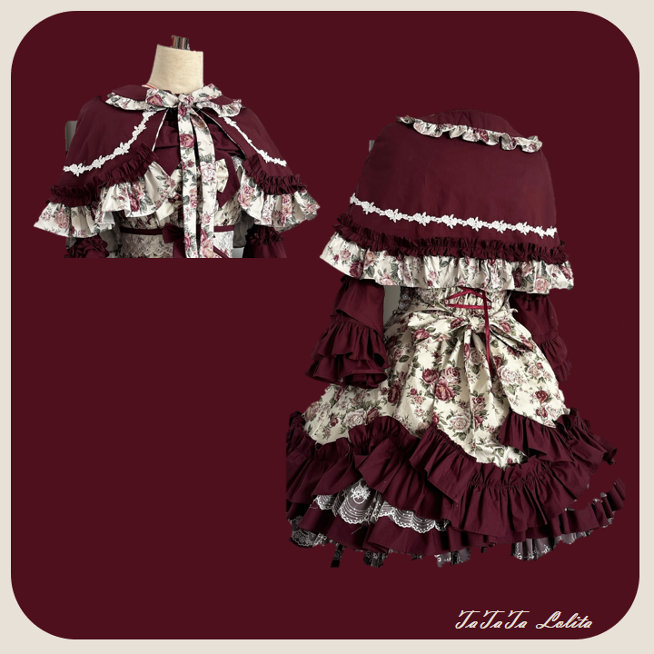 Burgundy Rose - Floral Printed Old School Lolita JSK, Elegant Cape and Accessories - image 26