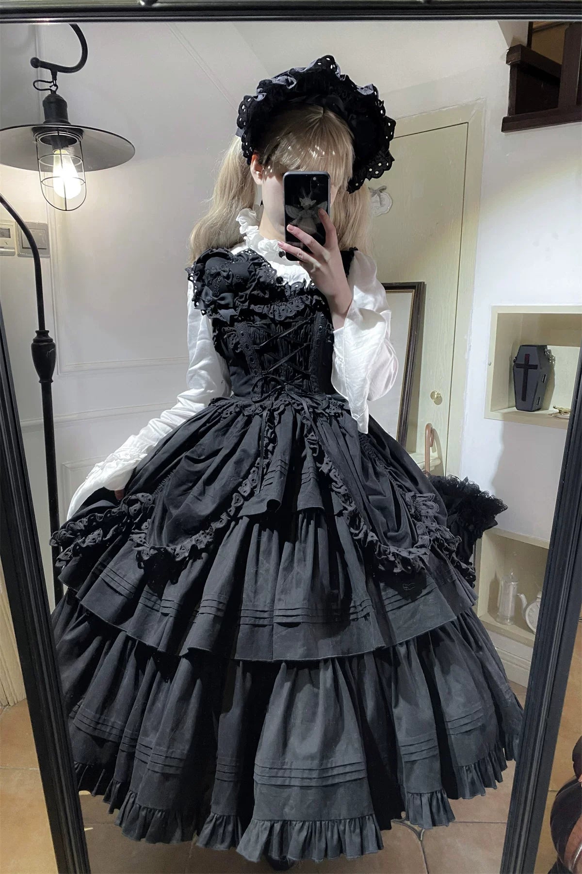 Cotton Gothic Lolita Long JSK, Drawn-up Hem - image 62