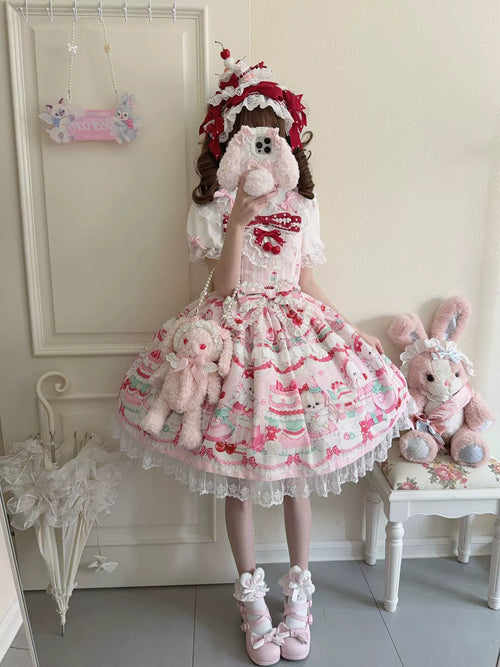 Cherry Bake Song - Kawaii Lolita JSK Dress With Dessert Print & Cherry Bow - image 2