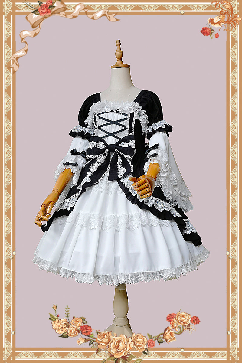 Doll-like Old-School Lolita OP Dress, Patchwork Sleeve and Accessories - image 1