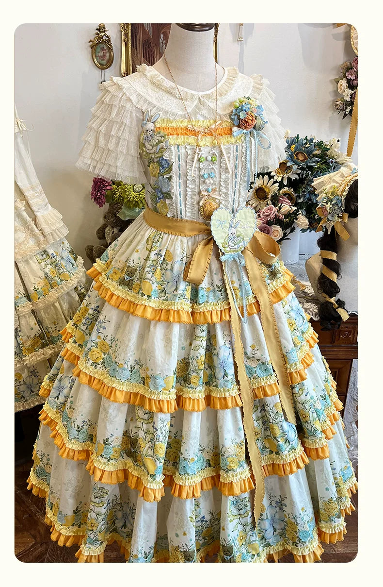 Flower Rabbit Bear - Country Lolita Tiered Skirt Dress, Floral & Bear Print and Accessories - image 17