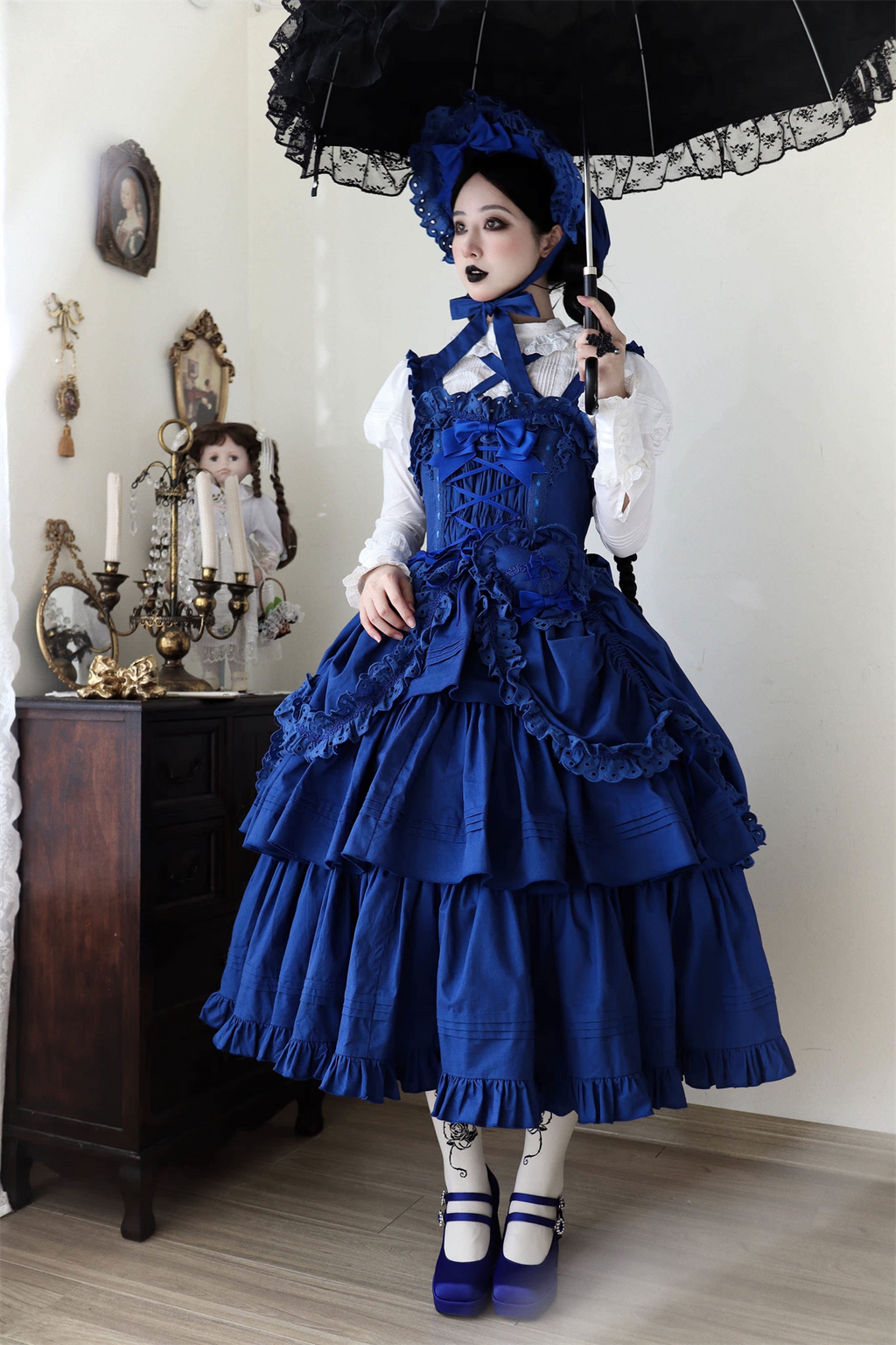 Cotton Gothic Lolita Long JSK, Drawn-up Hem - image 41