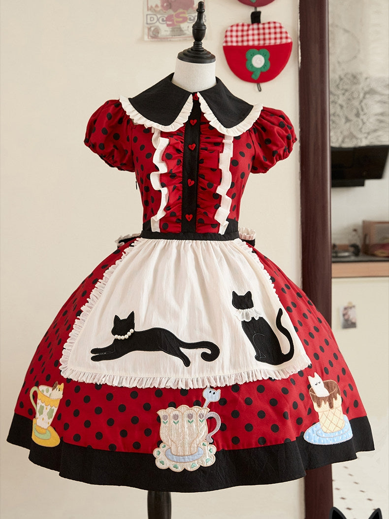 Teacup Cat - Vintage Polka-Dot Lolita OP Set - image 2