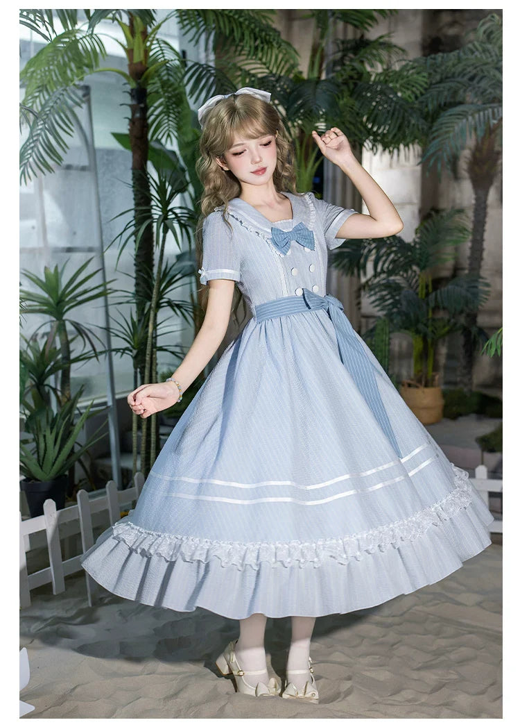 Seven-Day Bell - Blue Classic Lolita Striped OP Dress, Sailor Collar - image 26