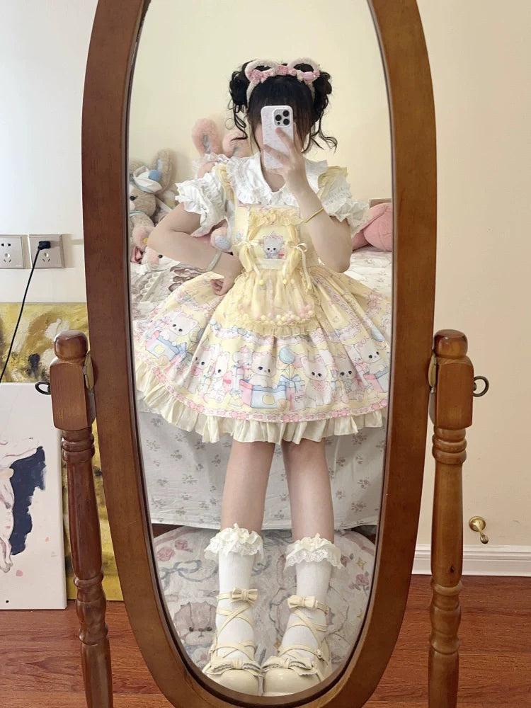 Meow Pompom - Sweet Lolita Salopette Dress Suit, Cat Print - image 12