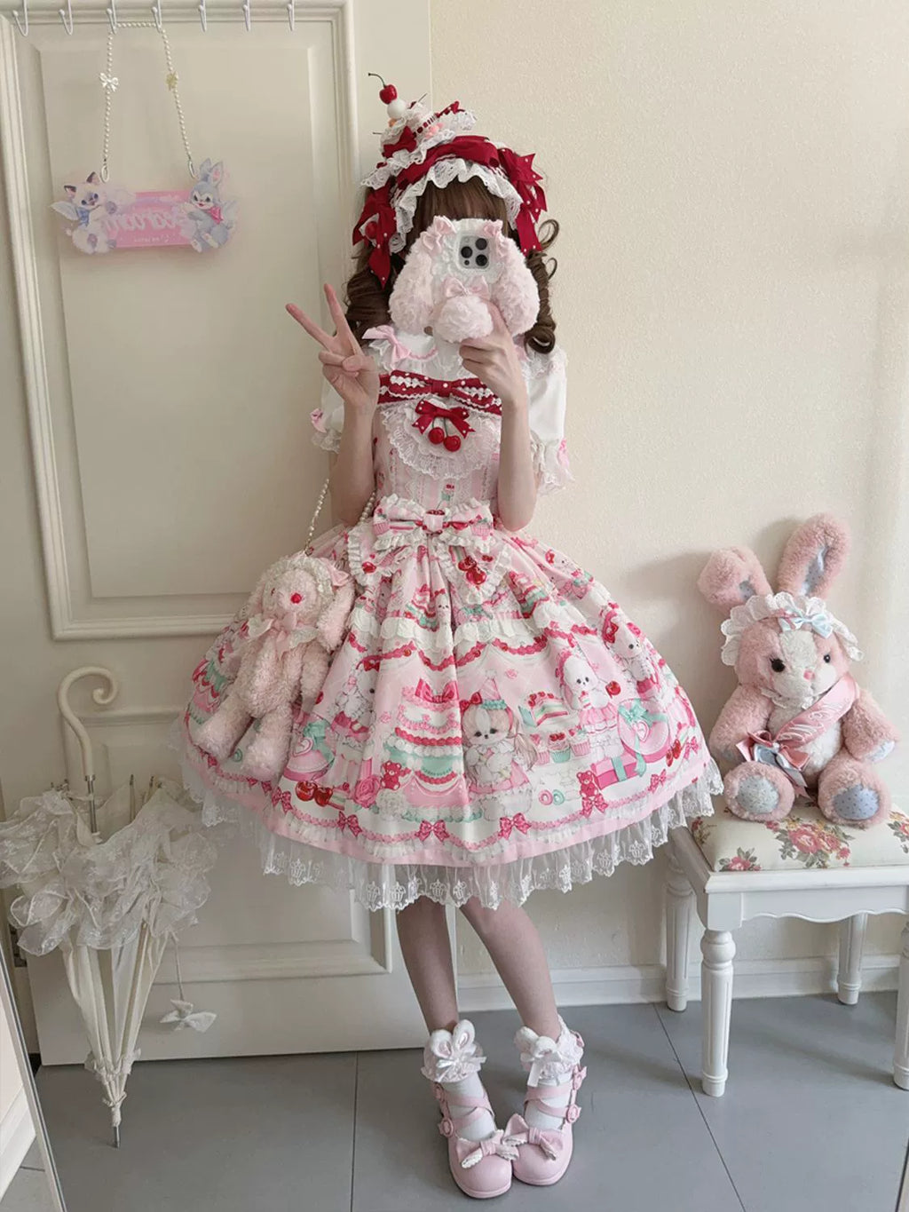Cherry Bake Song - Kawaii Lolita JSK Dress With Dessert Print & Cherry Bow - image 13