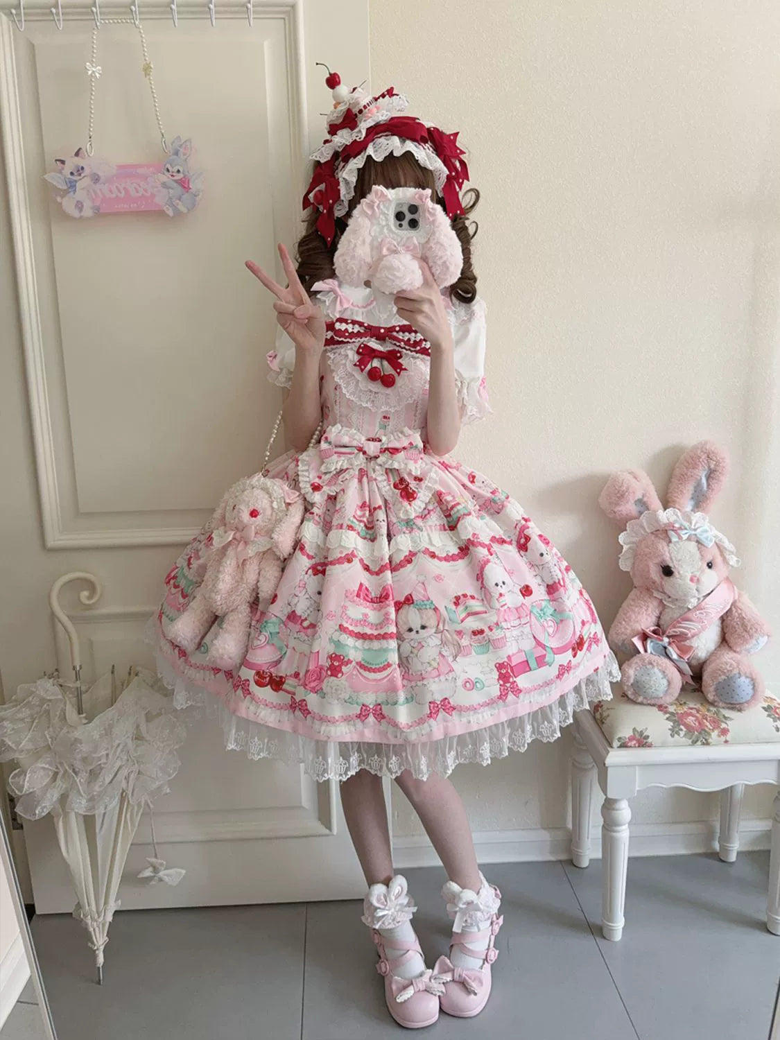 Cherry Bake Song - Kawaii Lolita JSK Dress With Dessert Print & Cherry Bow - image 13