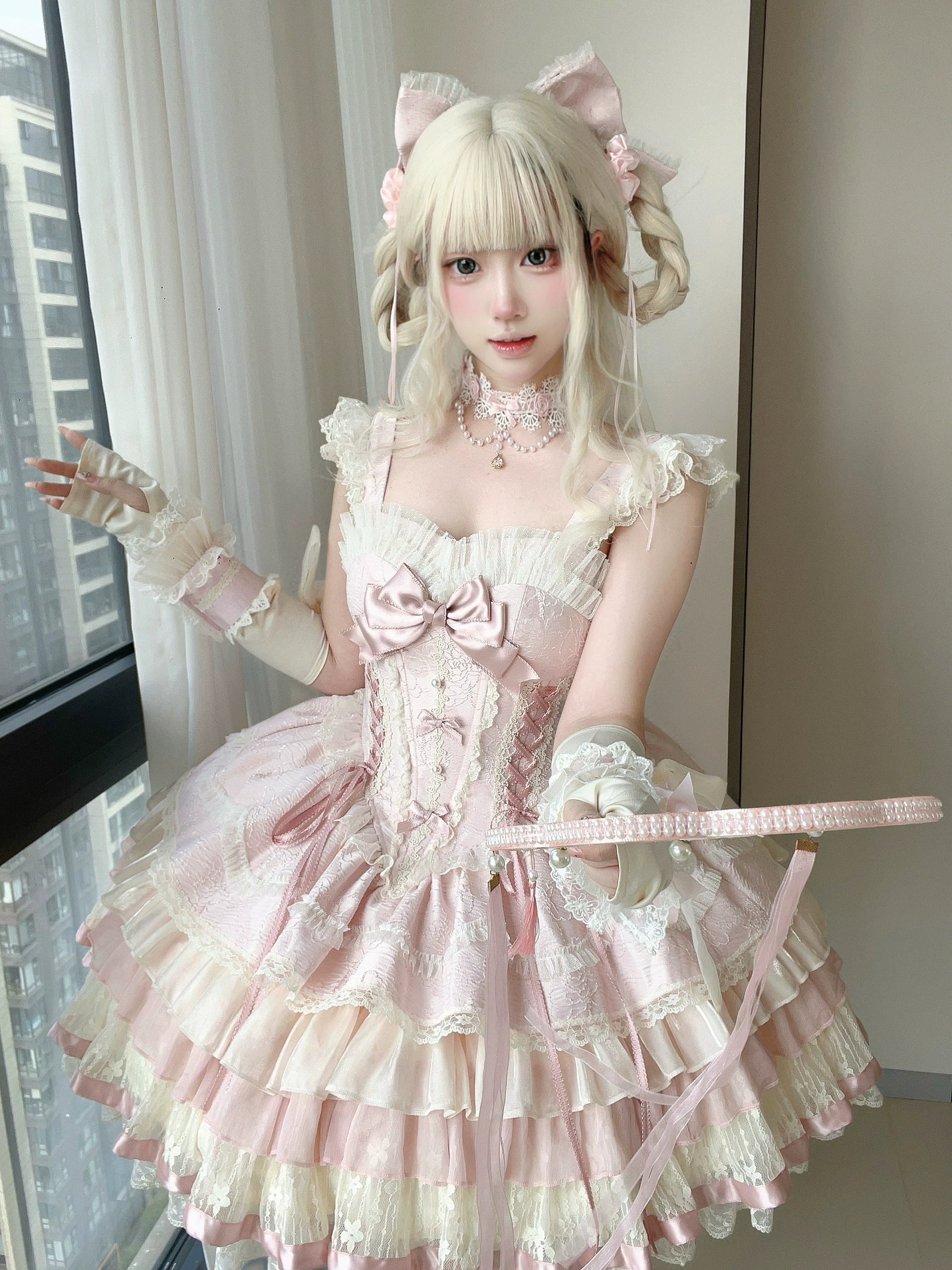 Lotus Crossing - Sweet Lolita Tiered Hem JSK Dress with Satin Bow and Accessories - image 13