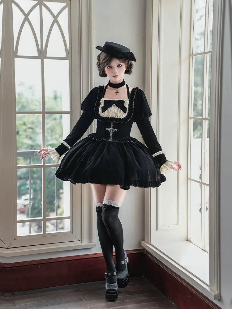 Apocalypse - Gothic Lolita Velvet OP Dress Set, Fishbone Waist - image 3