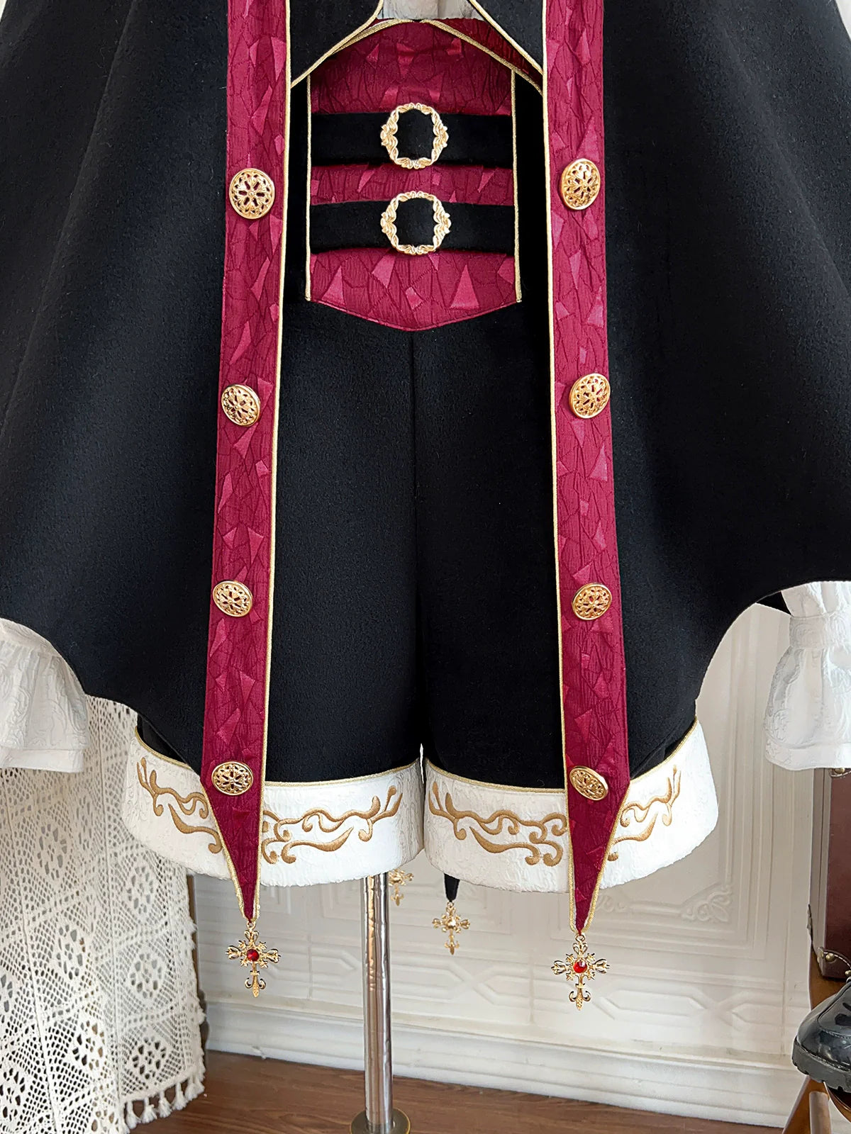 Vampire Youth - Ouji Lolita Bat Shaped Cape Set, Gold Embroidery & Red Accents - image 15