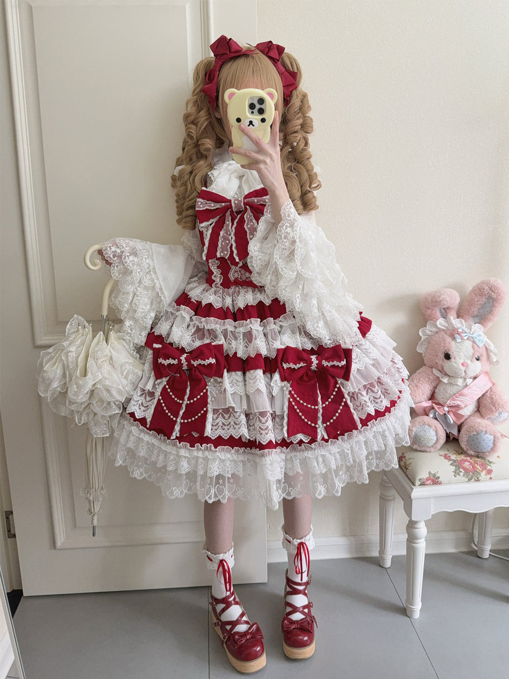 Cross Heart Knot - Sweet Lolita JSK Suit Tiered Ruffles Dress with Lace Blouse - image 8
