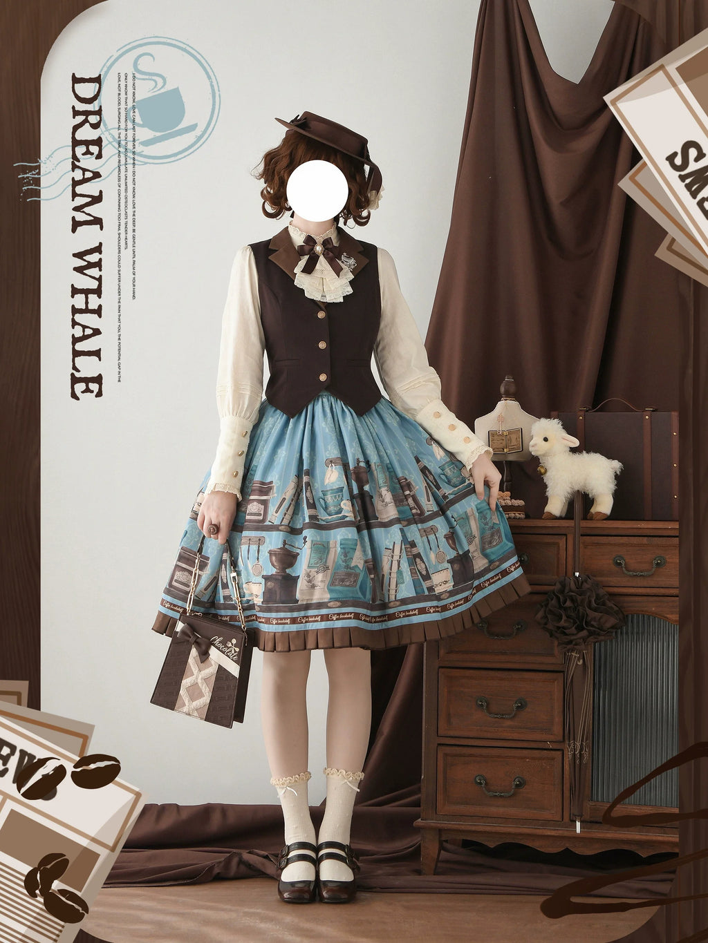 Coffee Bookshelf - Classic Lolita JSK and SK Set, Coffee Cup and Book Print - image 16
