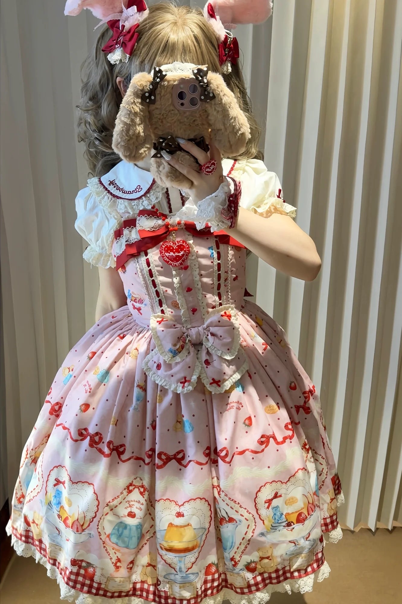 Showa Dessert Showcase - Kawaii Lolita JSK/Salopette Dress Suit, Pudding-Inspired - image 4