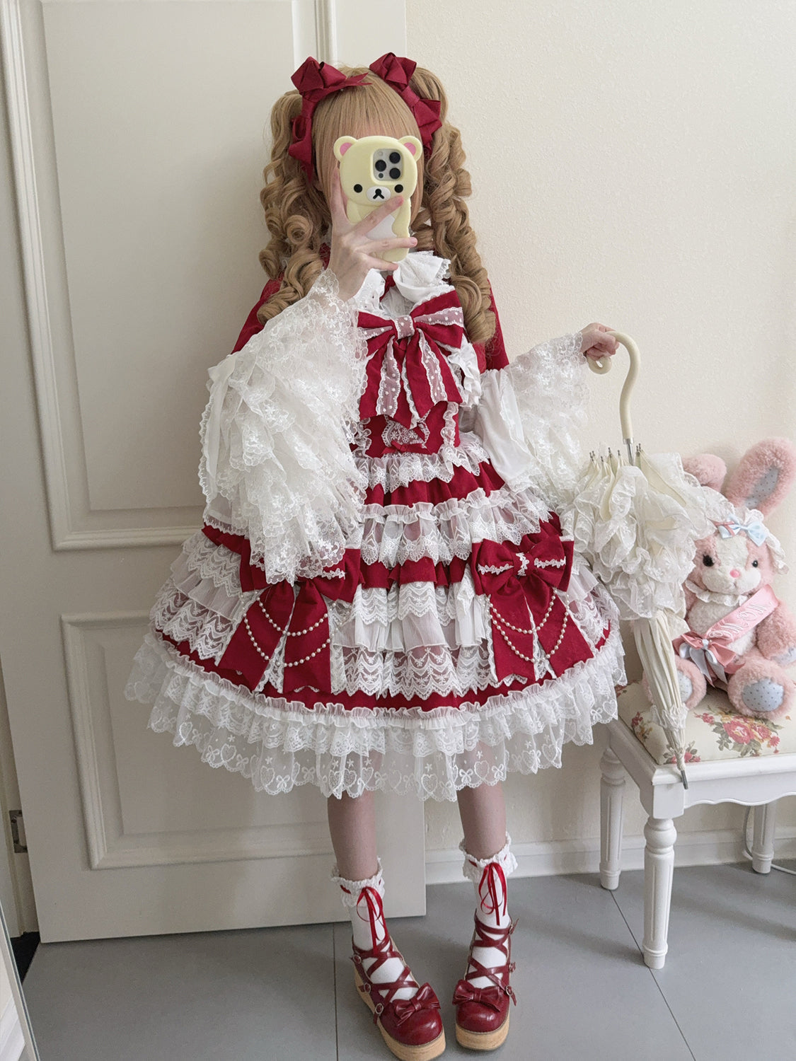 Cross Heart Knot - Sweet Lolita JSK Suit Tiered Ruffles Dress with Lace Blouse - image 3