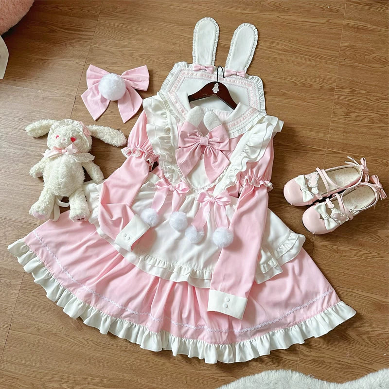 Sweet Bunny Pom-pom - Maid Lolita Bunny Ear Collar OP Dress, Detachable Apron and Accessories - image 16