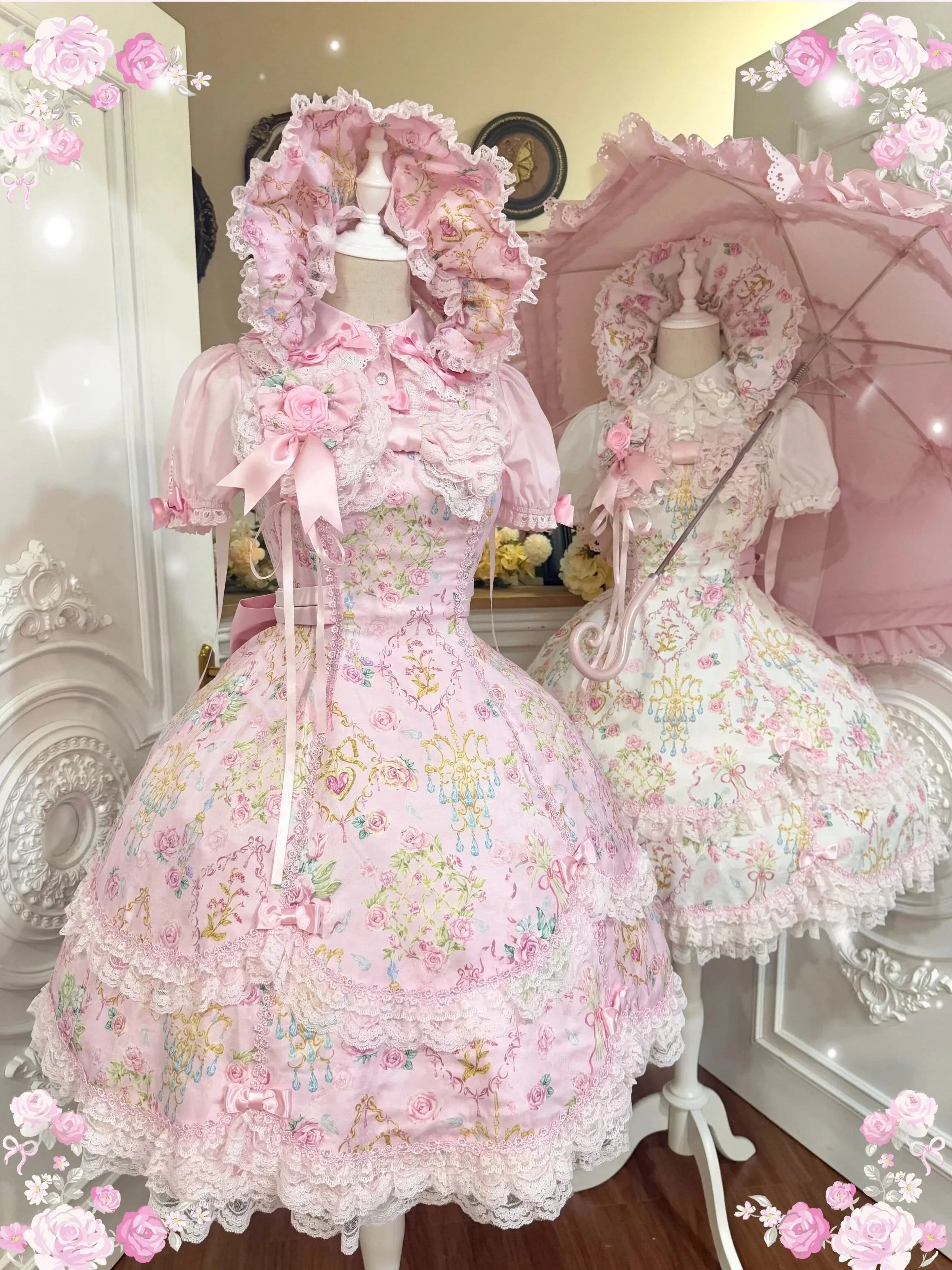 Spring 2025 Vintage Flower Wall Chandelier Rose Print Sweet Lolita JSK Dress and Accessories - image 3