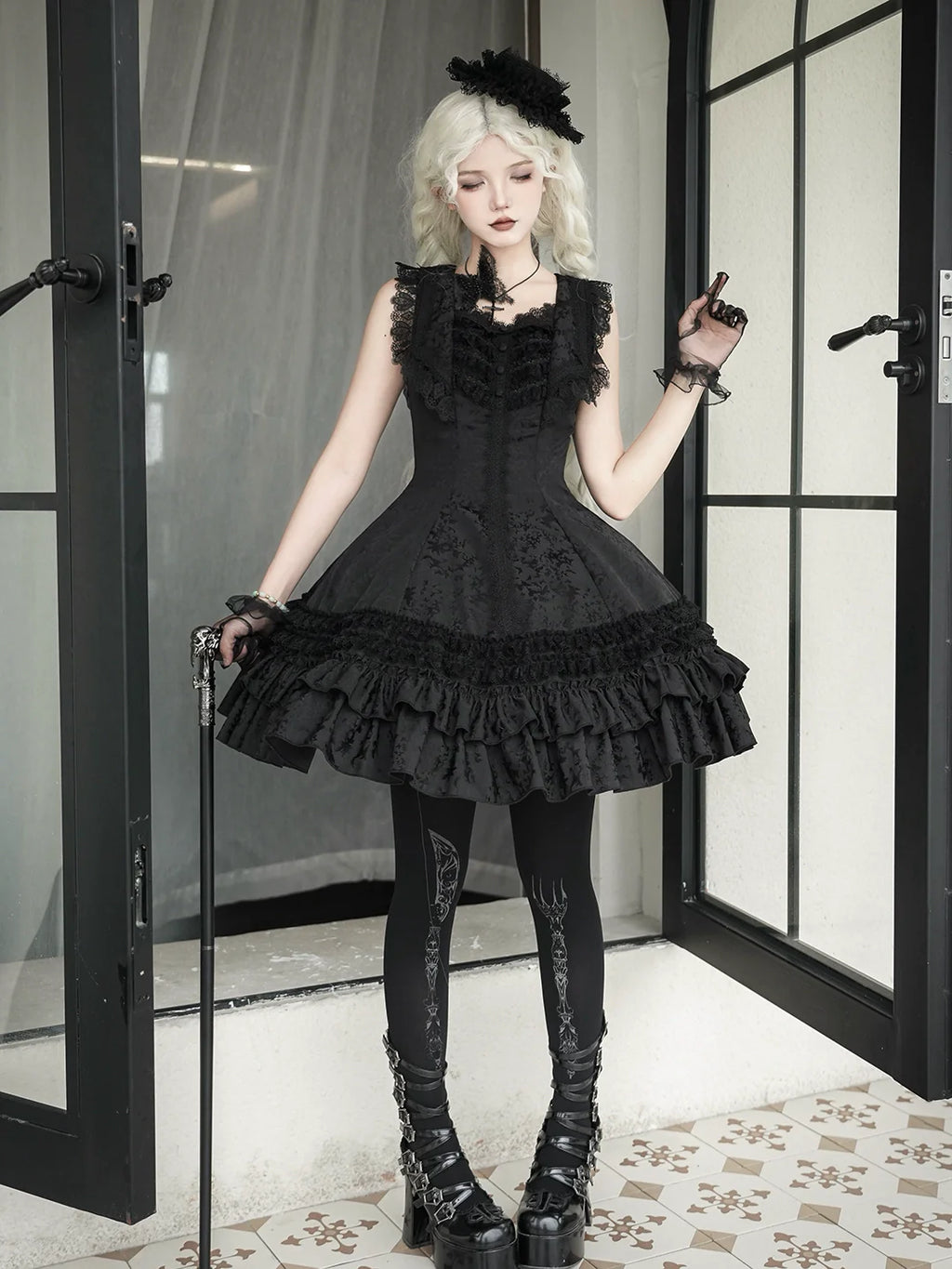 Six-Panel Gothic Lolita JSK Dress with Tiered Ruffles - image 5